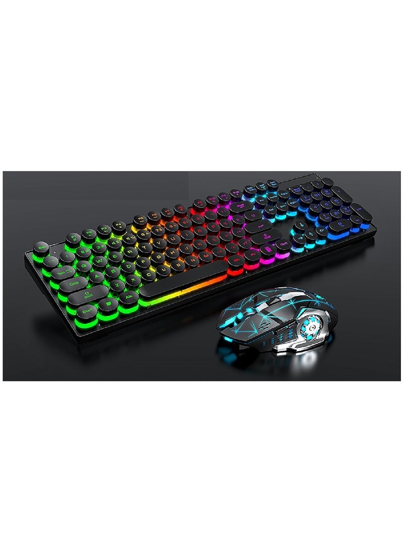 104 Key Wired Keyboard Mouse Combo Cool Rainbow Color Backlight Retro Punk Style Suspended Keycaps For Office Pc Gaming