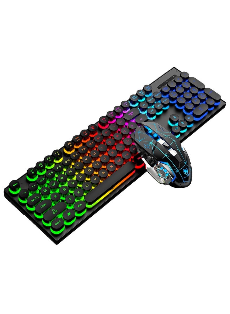 104 Key Wired Keyboard Mouse Combo Cool Rainbow Color Backlight Retro Punk Style Suspended Keycaps For Office Pc Gaming