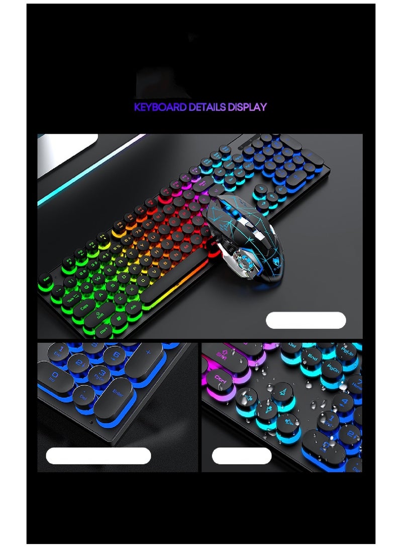 104 Key Wired Keyboard Mouse Combo Cool Rainbow Color Backlight Retro Punk Style Suspended Keycaps For Office Pc Gaming