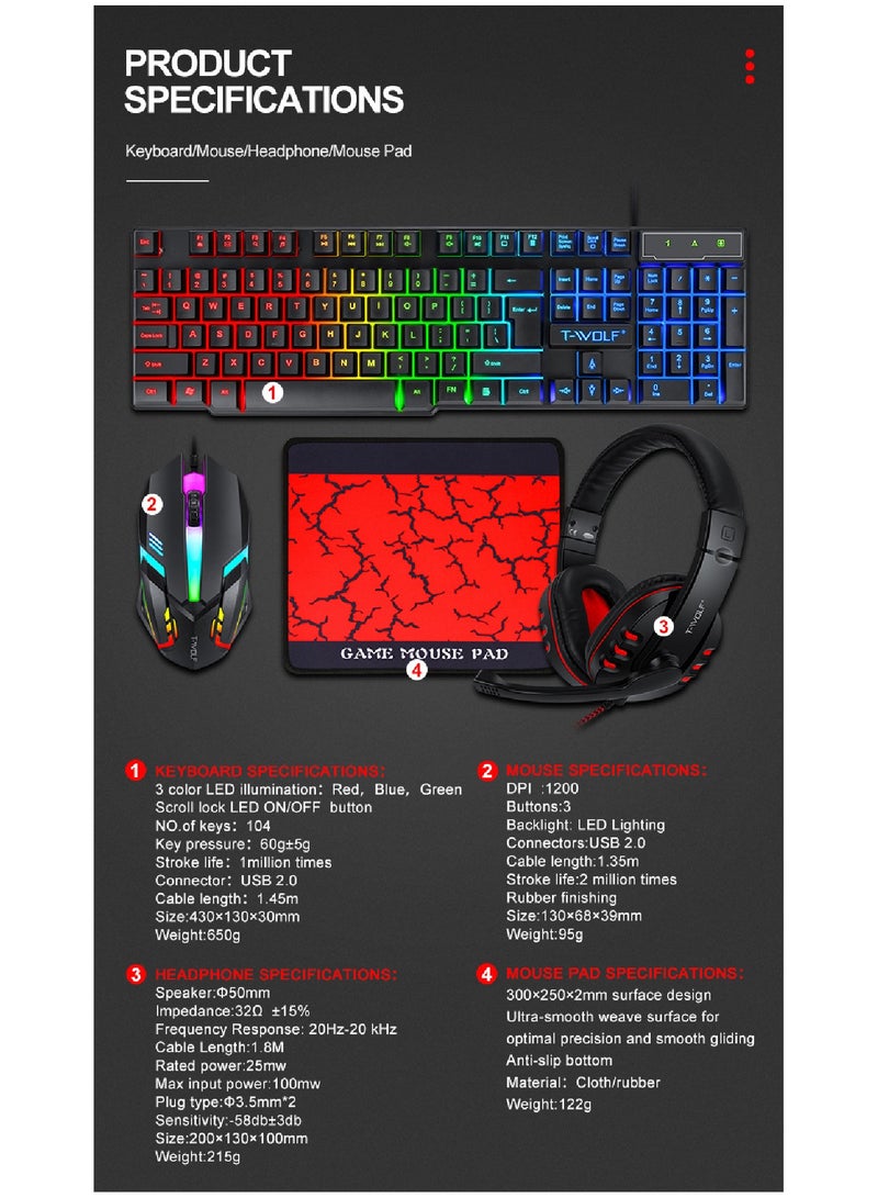 4 in1 Gaming Keyboard Whit Mouse pad Mouse Gaming Headset Wired Led Rgb Backlight Bundle For Pc Gamers and Xbox and PS4 TF800