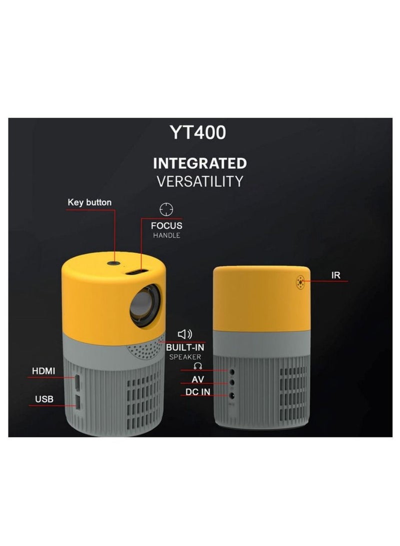 T400 Mini HD Projector Portable Home Theater Outdoor Video Projector Compatible with HDMI, AV and USB, Laptop, Smartphone -Yellow