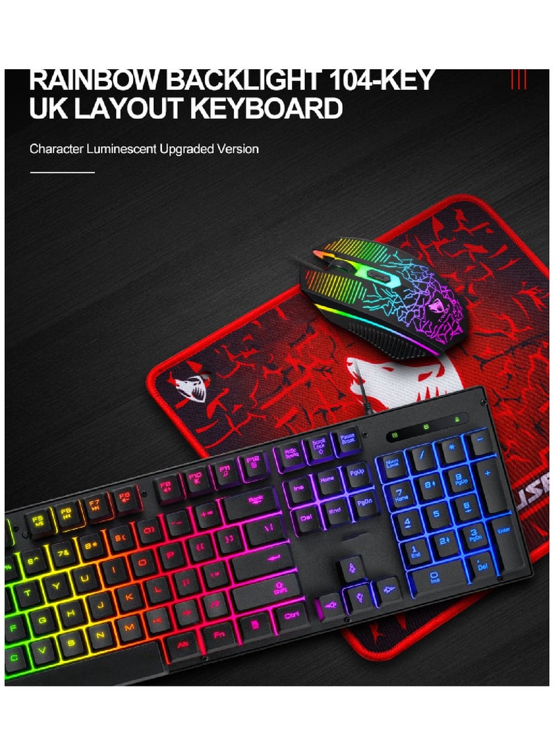 Gaming Keyboard And Mouse Keyboards With Rainbow 104 Keys 2400 dpi Mouse  Mouse Pad USB Cable Compatible With Windows Mac PC PS4 Xbox Black