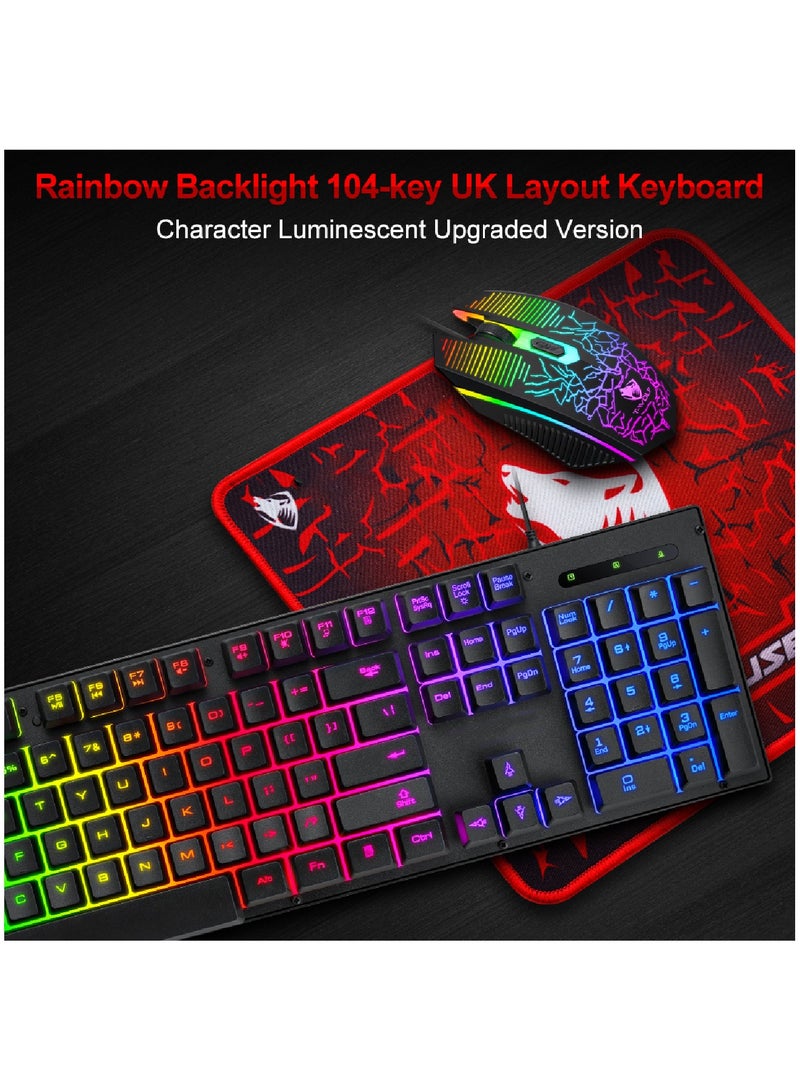 Gaming Keyboard And Mouse Keyboards With Rainbow 104 Keys 2400 dpi Mouse  Mouse Pad USB Cable Compatible With Windows Mac PC PS4 Xbox Black