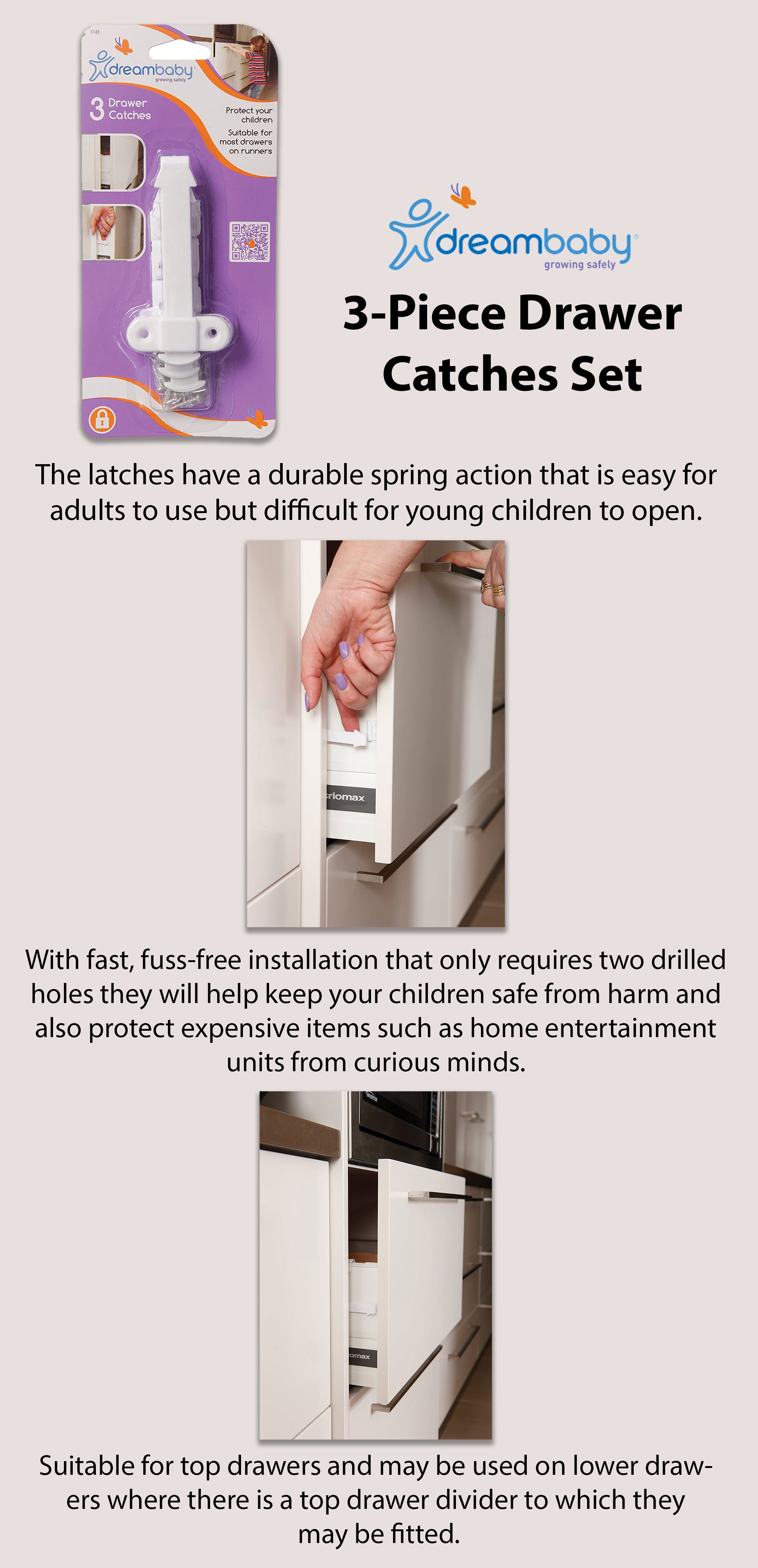 Drawer Catches, Pack of 3 - White