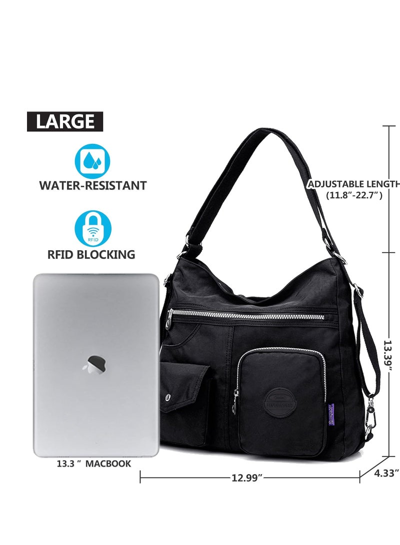 Multipurpose Hobo Purse for Women with Antitheft RFID, Waterproof Nylon Crossbody Bag Shoulder Handbag, Convertible Backpack