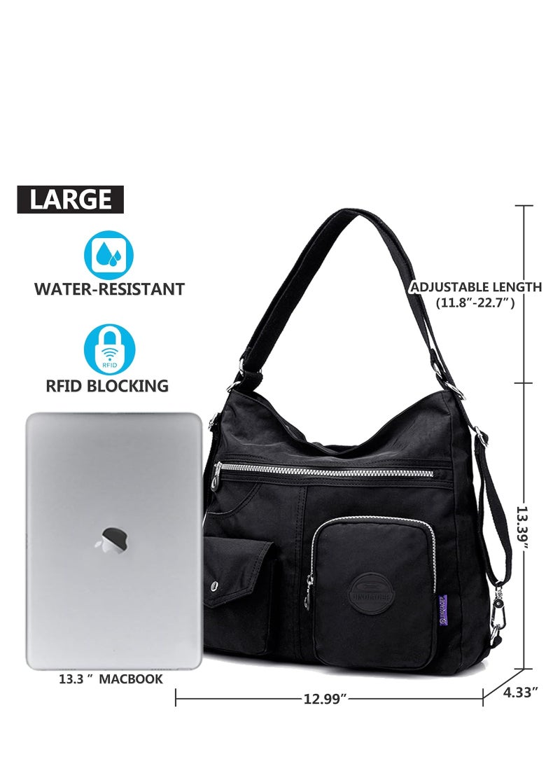 Multipurpose Hobo Purse for Women with Antitheft RFID, Waterproof Nylon Crossbody Bag Shoulder Handbag, Convertible Backpack