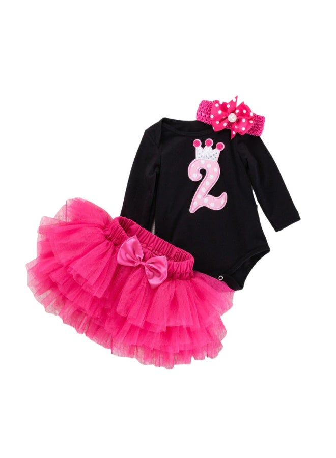 3-Piece Second Birthday Princess Party Dress Set Black/Pink