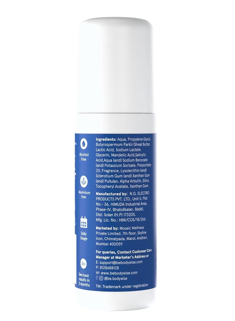 Be Bodywise 4% AHA BHA UnderArm Roll on 2% Lactic Acid 1% Mandelic Acid 1% Salicylic acid Prevents Body Odour Pigmentation Kills Bacteria for Radiant Underarm Long Lasting 75ml