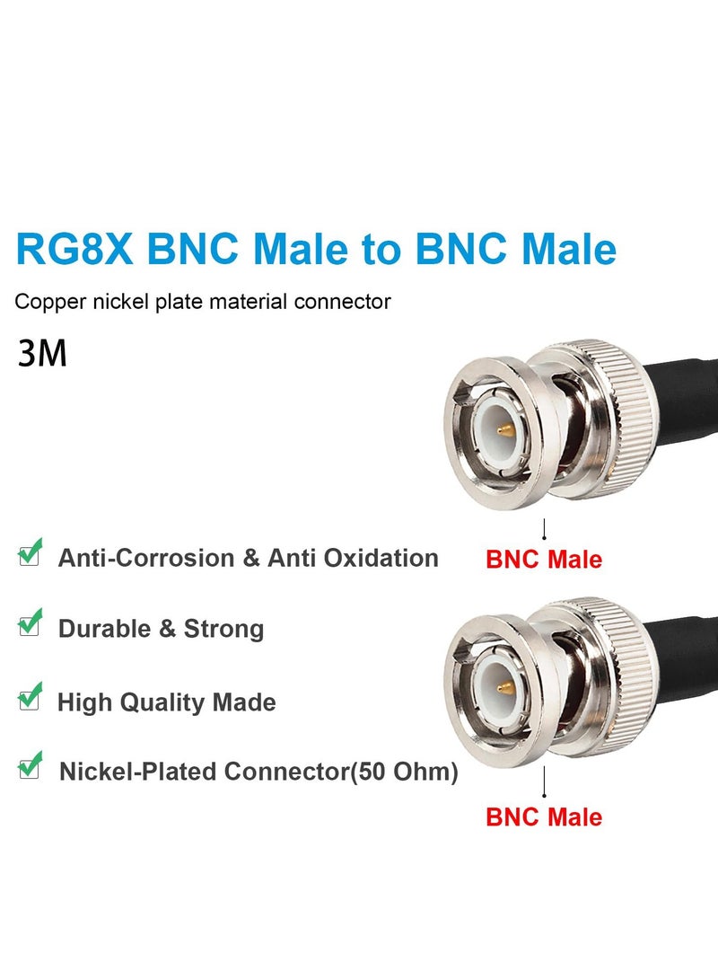 BNC Male to BNC Male Coaxial Cable, 50 ohm RG8X Coax Cable Ultra Low Loss BNC Jumper Cable for Antenna, RF Radio, Modem, Oscilloscope, Spectrum, Analyzer, Signal Generator,3M