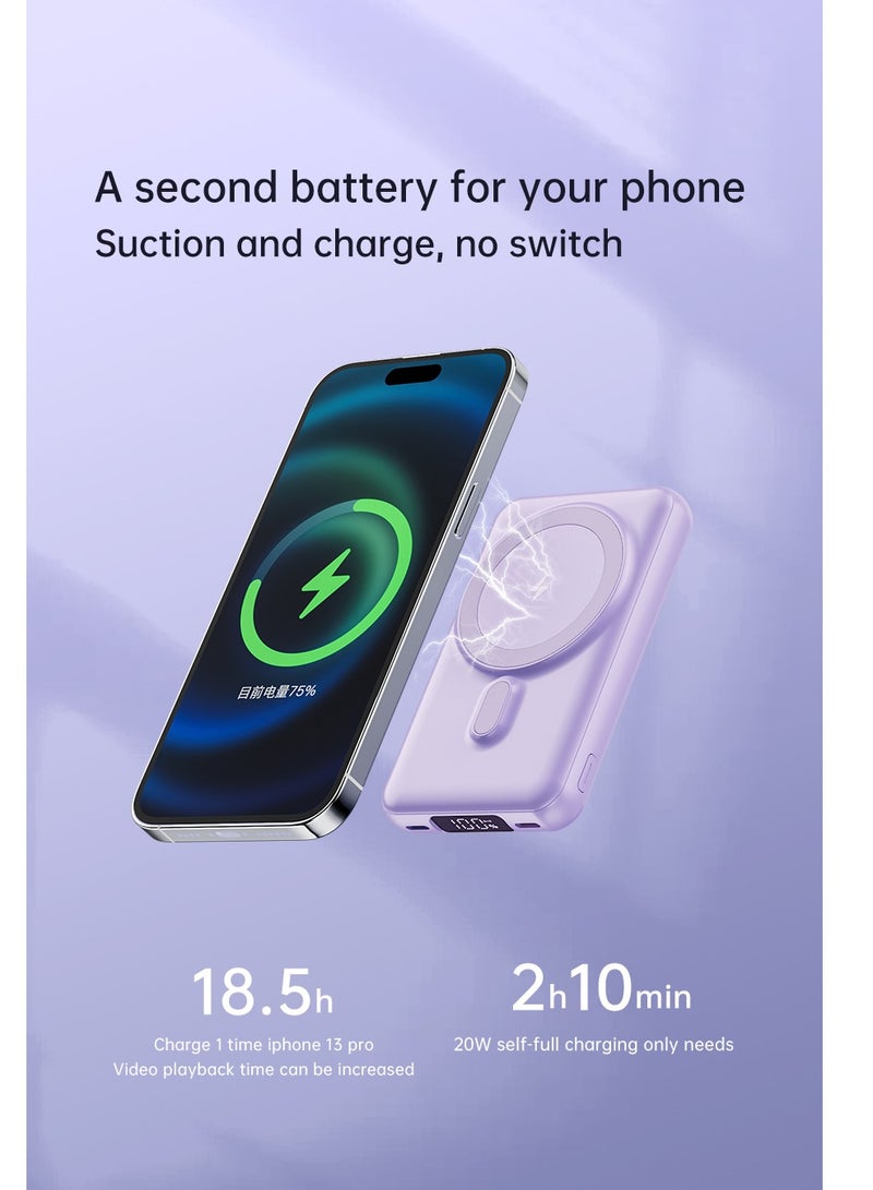 Fast Charging Magnetic Wireless Power Bank with 22.5w Built-in Cable Portable Super Fast Charging Mobile Power Supply 10000 mAh Purple