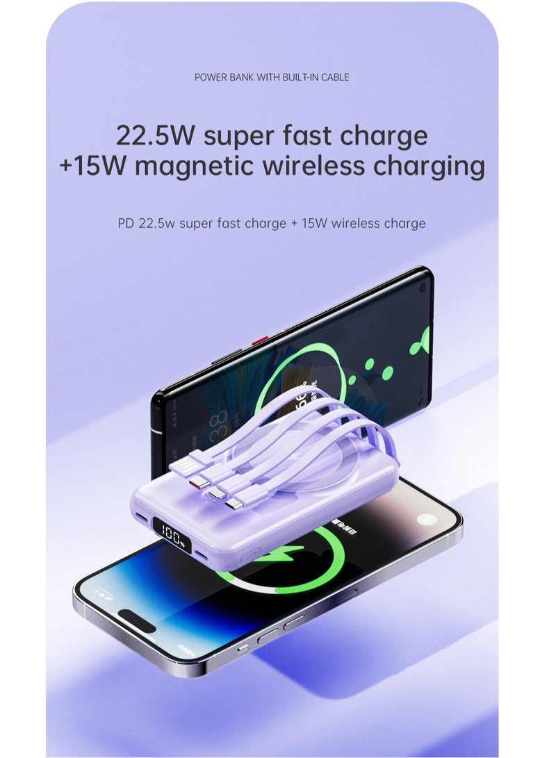Fast Charging Magnetic Wireless Power Bank with 22.5w Built-in Cable Portable Super Fast Charging Mobile Power Supply 10000 mAh Purple