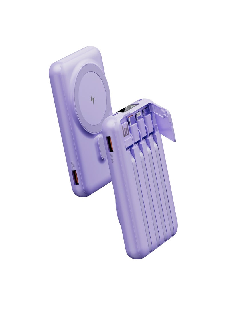 Fast Charging Magnetic Wireless Power Bank with 22.5w Built-in Cable Portable Super Fast Charging Mobile Power Supply 10000 mAh Purple