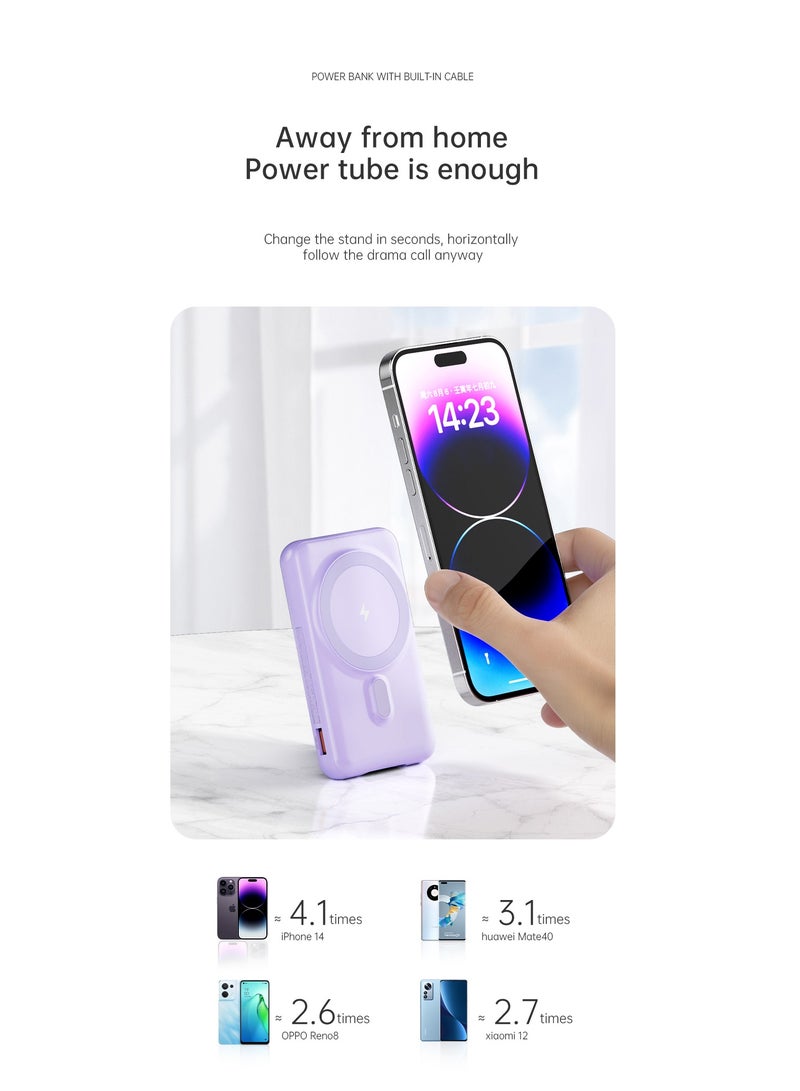 Fast Charging Magnetic Wireless Power Bank with 22.5w Built-in Cable Portable Super Fast Charging Mobile Power Supply 10000 mAh Purple