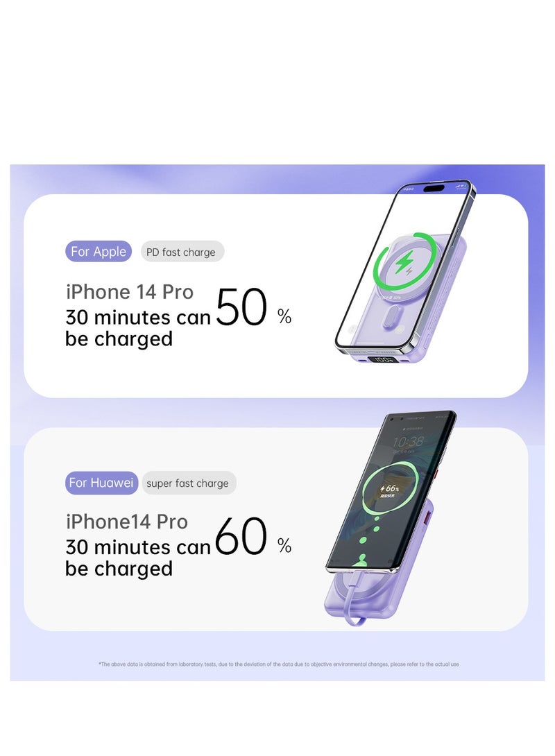 Fast Charging Magnetic Wireless Power Bank with 22.5w Built-in Cable Portable Super Fast Charging Mobile Power Supply 10000 mAh Purple