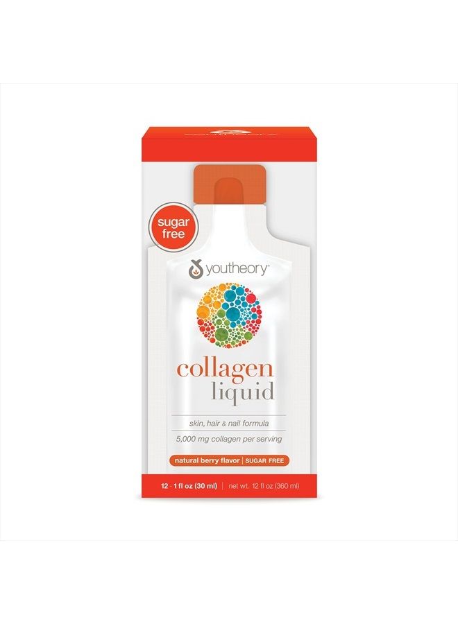 Collagen Liquid for Hair Skin and Nails with Collagen Peptides and Amino Acids, Gluten Free Drinkable Supplement, Berry Flavor, 12 Single Serving Packets