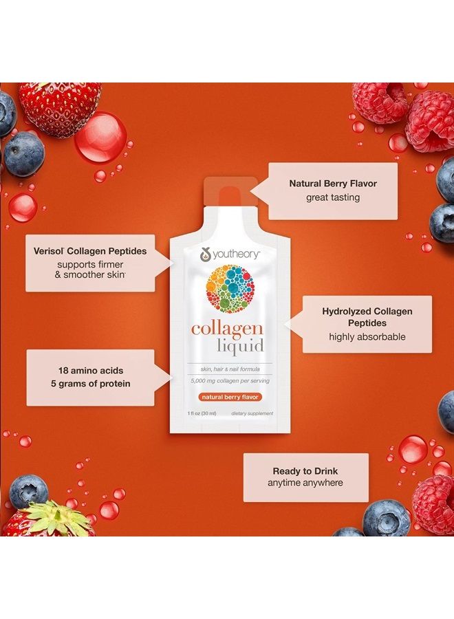 Collagen Liquid for Hair Skin and Nails with Collagen Peptides and Amino Acids, Gluten Free Drinkable Supplement, Berry Flavor, 12 Single Serving Packets