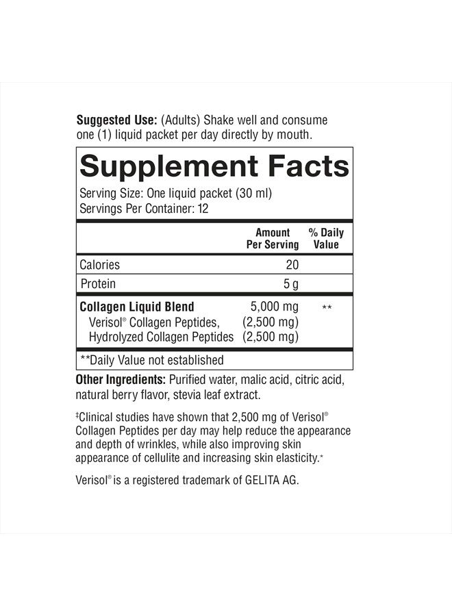 Collagen Liquid for Hair Skin and Nails with Collagen Peptides and Amino Acids, Gluten Free Drinkable Supplement, Berry Flavor, 12 Single Serving Packets