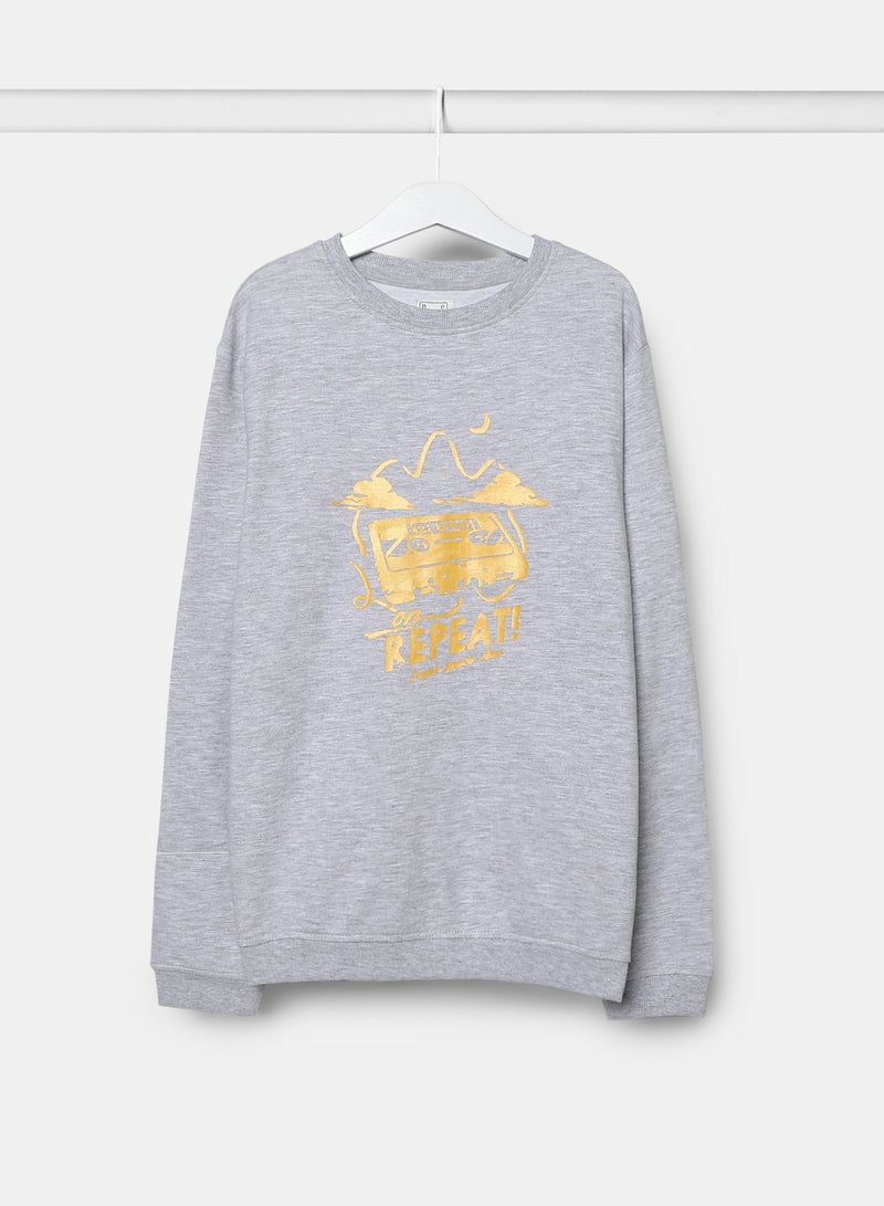 Girls Sweat-Shirt  With Chest Print Grey Melange