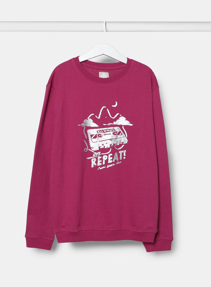 Sweatshirt Long Sleeve With Chest Print Fuchsia