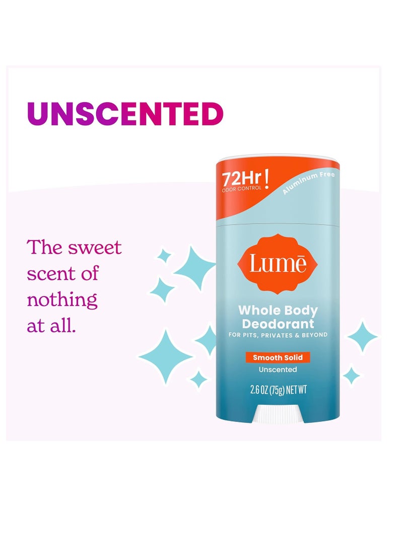 Lume Whole Body Deodorant - Smooth Solid Stick - 72 Hour Odor Control - Aluminum Free, Baking Soda Free and Skin Safe - 2.6 Ounce (Pack of 3) (Clean Tangerine, Lavender Sage, Unscented)