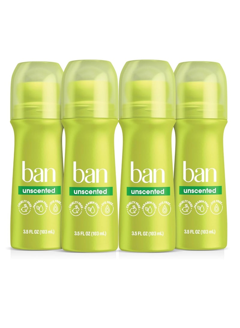 Ban Original Unscented 24-hour Invisible Antiperspirant, 3.5oz Roll-on Deodorant, 4-pack, Underarm Wetness Protection, with Odor-fighting Ingredients