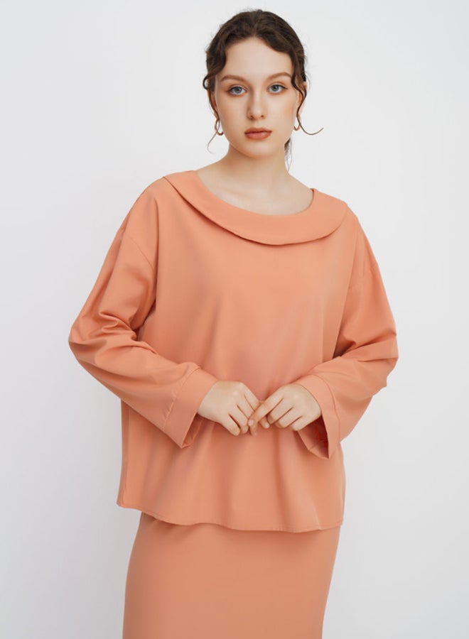 Layered Round Neck Long Sleeves Modest Top Orange