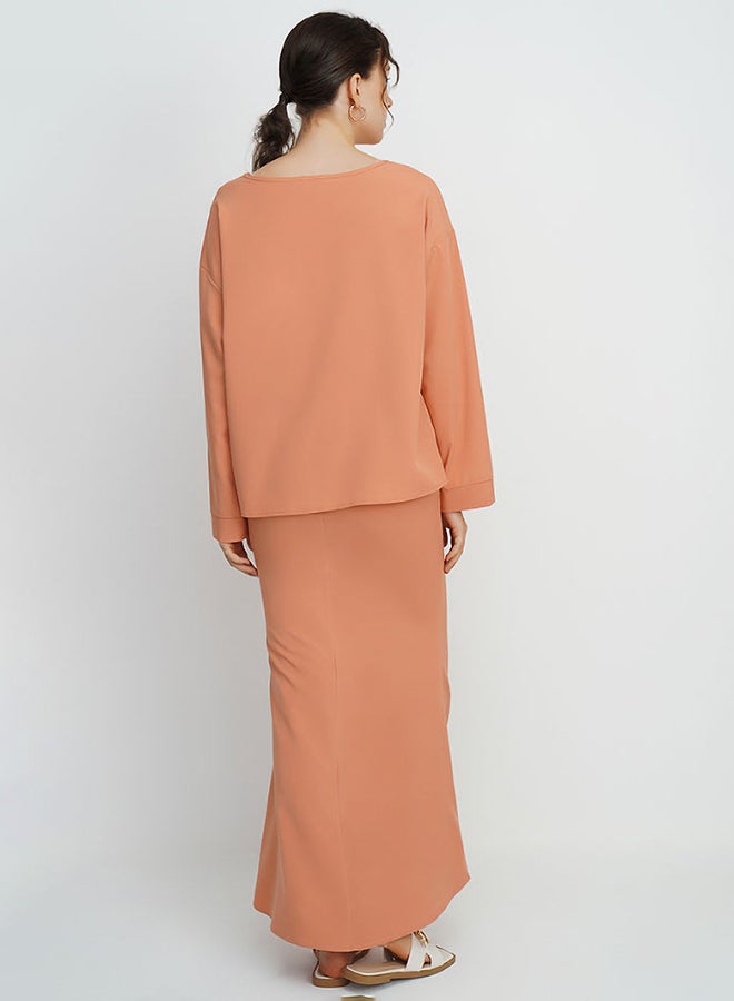 Layered Round Neck Long Sleeves Modest Top Orange