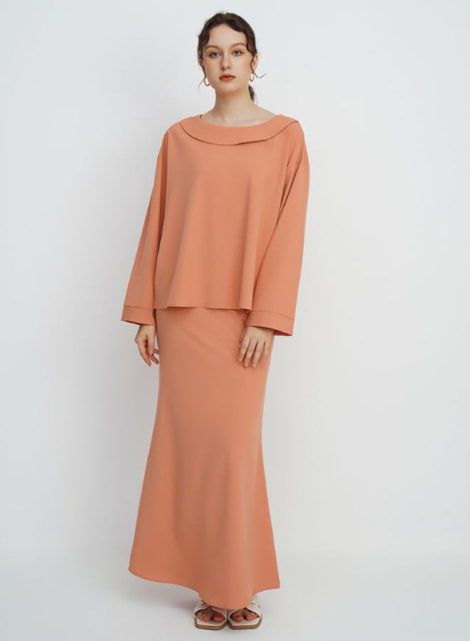 Layered Round Neck Long Sleeves Modest Top Orange