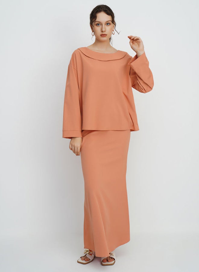 Layered Round Neck Long Sleeves Modest Top Orange