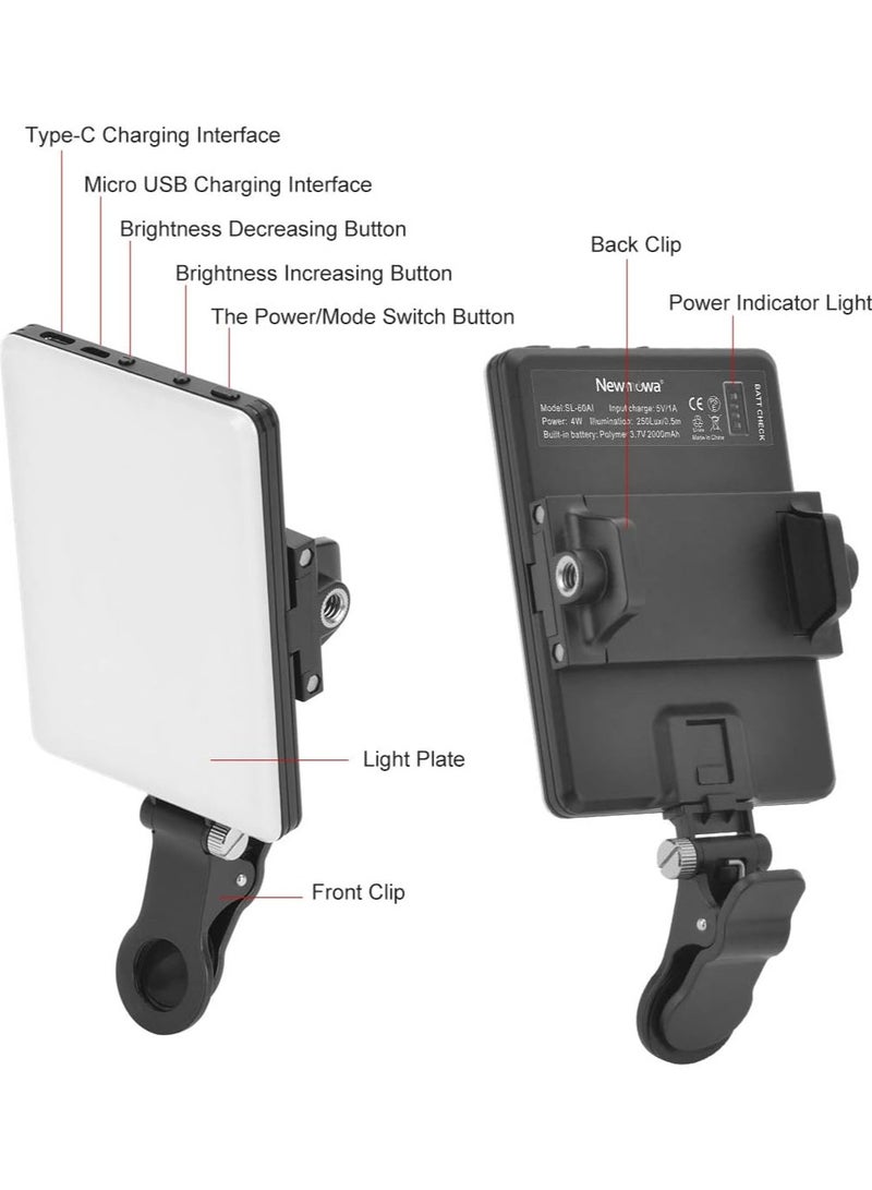 High-power 60-LED Rechargeable Selfie Light with Front & Back Clips, 3 Light Modes and 10 Brightness Levels, Ideal for Makeup, Selfies, Vlogs, Video Conferences on Smartphones, Tablets, Laptops