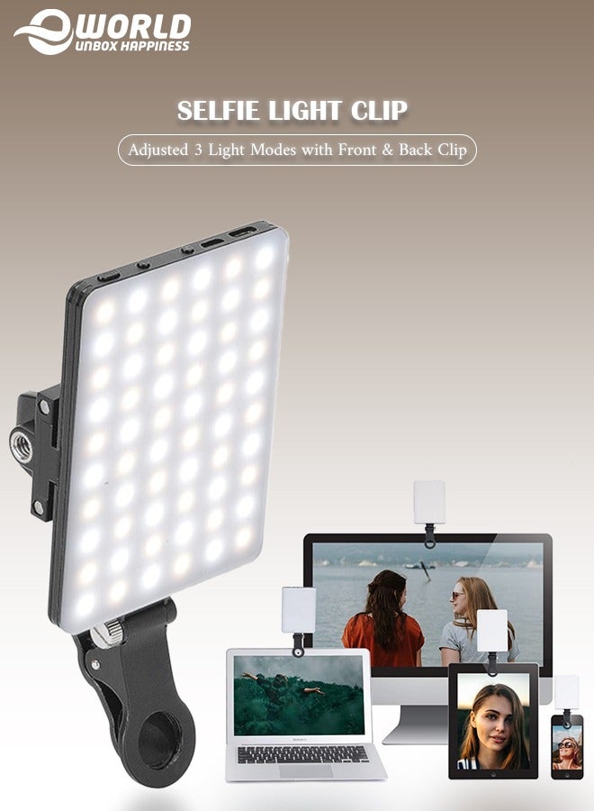 High-power 60-LED Rechargeable Selfie Light with Front & Back Clips, 3 Light Modes and 10 Brightness Levels, Ideal for Makeup, Selfies, Vlogs, Video Conferences on Smartphones, Tablets, Laptops