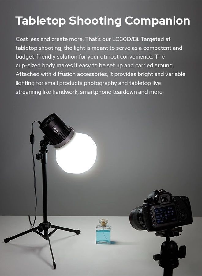 Godox LC30Bi 3200K-5600K Bi-Color Litemons Tabletop LED Light,25200LUX@0.5m, CRI 95+/TLCl 96+, 11 Preset Lighting FX Effects