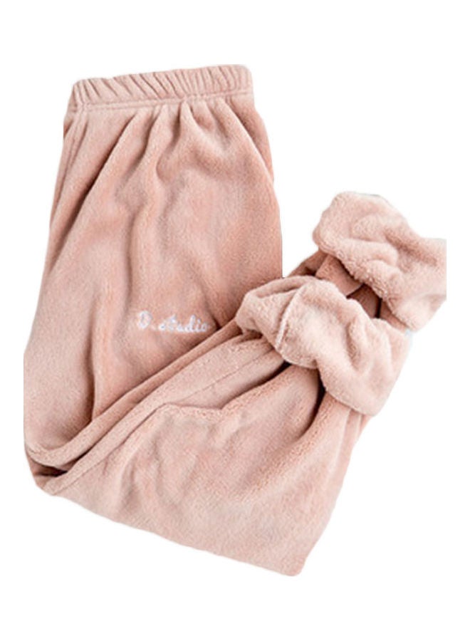 Waist Ankle Tie Warm Coral Fleece Pajama Pants Trousers Pink