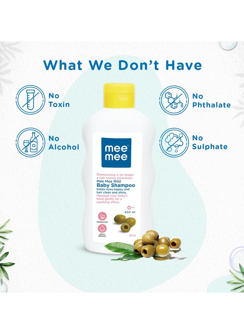 Mee Mee Mild Baby Shampoo - Tear-Free Formula Enriched with Olive Extracts Nurturing for Infant Hair - From Birth Onwards Dermatologist-Approved (400ml)