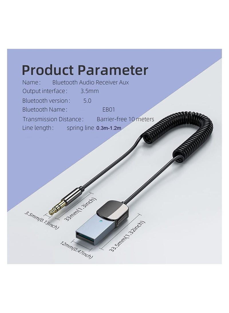Bluetooth Aux Adapter Car Bluetooth v5.0 Wireless Receiver USB to 3.5mm Jack Adapter Built-in Microphone Aux Input for Hands-Free Calls Plug Play Auto Power on for Car Speaker Home Audio