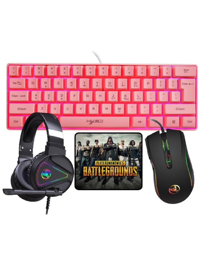 4-in-1 Gaming Keyboard Mouse Combo 61 Keys Rainbow Backlit Mechanical Keyboard RGB Backlit 7200 DPI Lightweight Gaming Mouse 3.5mm Gaming Stereo Headset For Pc Laptop Computer Pink