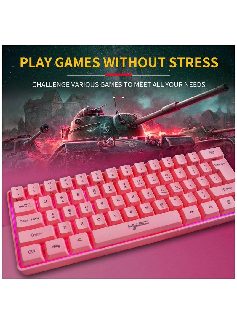 4-in-1 Gaming Keyboard Mouse Combo 61 Keys Rainbow Backlit Mechanical Keyboard RGB Backlit 7200 DPI Lightweight Gaming Mouse 3.5mm Gaming Stereo Headset For Pc Laptop Computer Pink