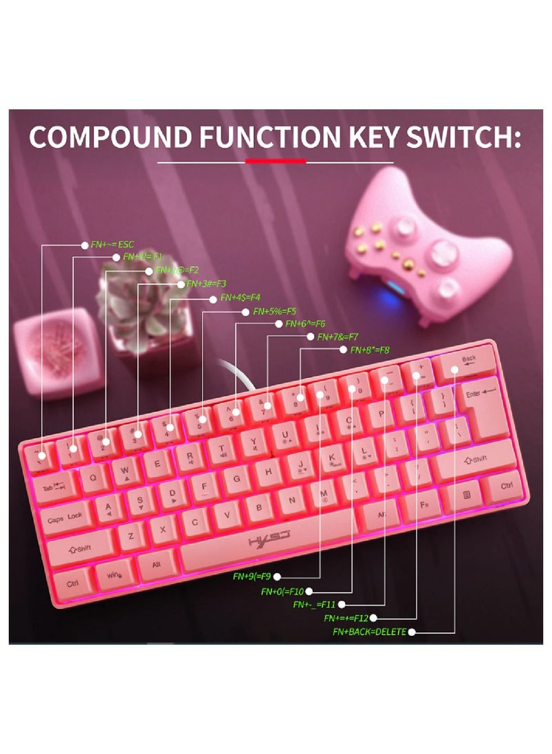 4-in-1 Gaming Keyboard Mouse Combo 61 Keys Rainbow Backlit Mechanical Keyboard RGB Backlit 7200 DPI Lightweight Gaming Mouse 3.5mm Gaming Stereo Headset For Pc Laptop Computer Pink