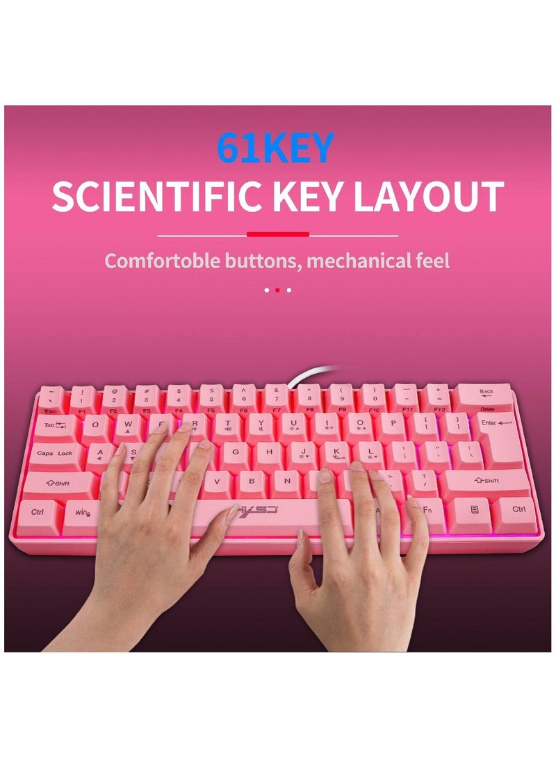 4-in-1 Gaming Keyboard Mouse Combo 61 Keys Rainbow Backlit Mechanical Keyboard RGB Backlit 7200 DPI Lightweight Gaming Mouse 3.5mm Gaming Stereo Headset For Pc Laptop Computer Pink