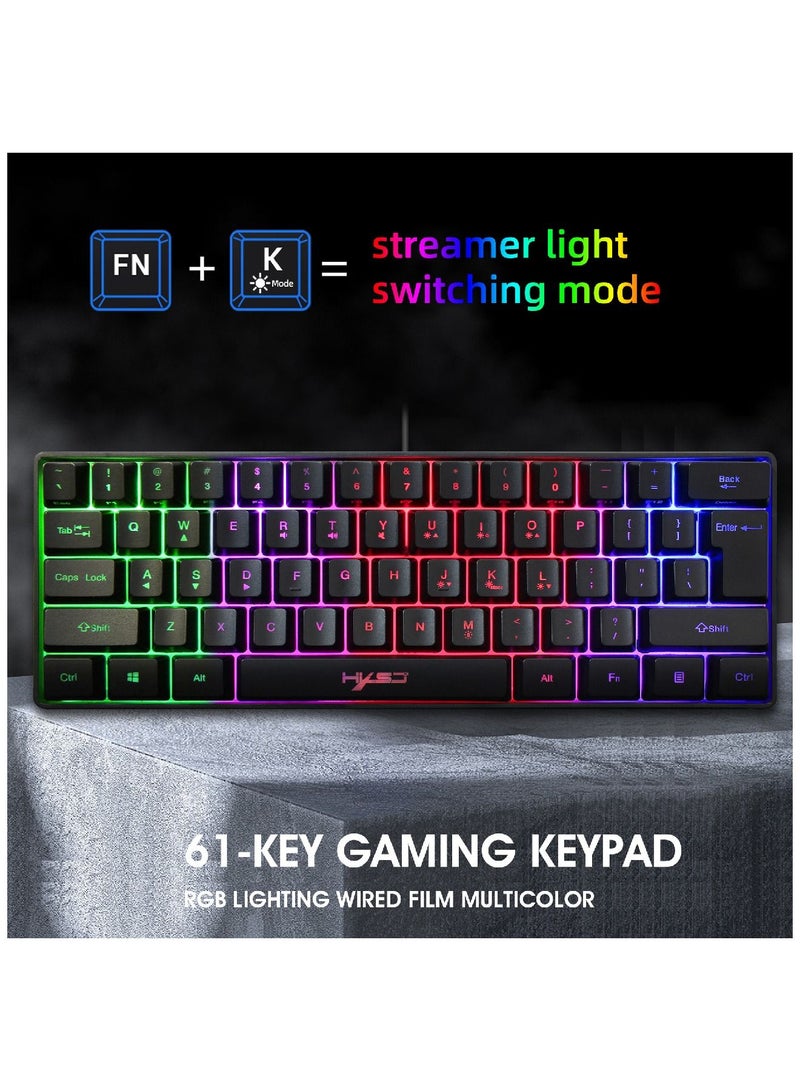 4-in-1 Gaming Keyboard Mouse Combo 61 Keys Rainbow Backlit Mechanical Keyboard. RGB Backlit 3600 DPI Lightweight Gaming Mouse 3.5mm Gaming Stereo Headset For Pc Laptop Computer Black