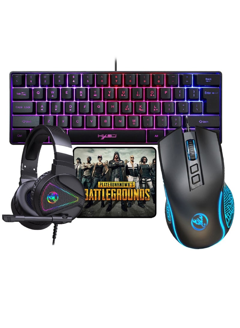 4-in-1 Gaming Keyboard Mouse Combo 61 Keys Rainbow Backlit Mechanical Keyboard. RGB Backlit 3600 DPI Lightweight Gaming Mouse 3.5mm Gaming Stereo Headset For Pc Laptop Computer Black