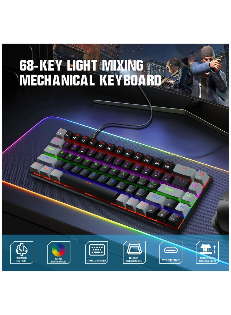 4-in-1 Gaming Keyboard Mouse Combo 68 Keys Rainbow Backlit Mechanical Keyboard RGB Backlit 5500 DPI Lightweight Gaming Mouse 3.5mm Gaming Stereo Headset For Pc Laptop Computer Black