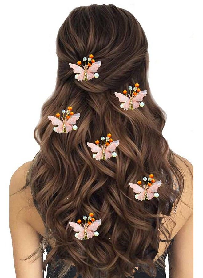 Women Attractive Artificial Small Shape Butterfly With Shiny Pearl Bridal Wedding Hair Accessories/Hair Pins/Juda Pins For Women And Girls Peach 2259 Pack Of 5