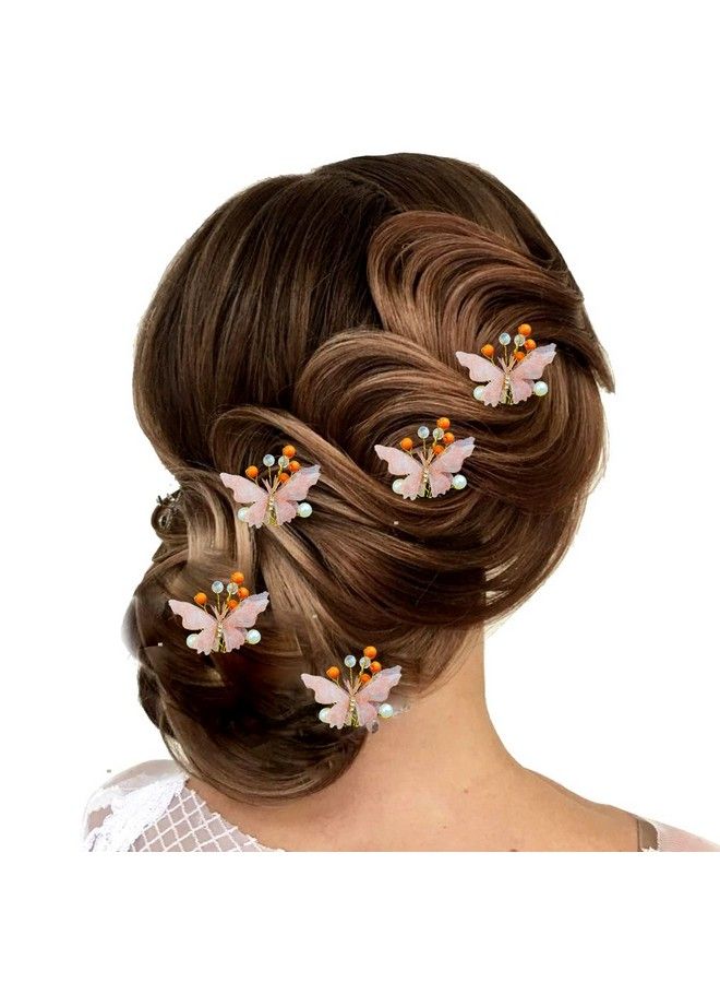 Women Attractive Artificial Small Shape Butterfly With Shiny Pearl Bridal Wedding Hair Accessories/Hair Pins/Juda Pins For Women And Girls Peach 2259 Pack Of 5