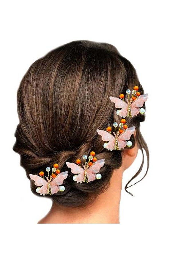 Women Attractive Artificial Small Shape Butterfly With Shiny Pearl Bridal Wedding Hair Accessories/Hair Pins/Juda Pins For Women And Girls Peach 2259 Pack Of 5