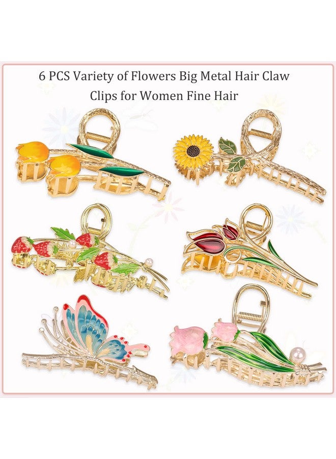 6 Pcs Large Metal Flower Claw Clips Tulip Hair Claw Clips Cute Strawberry Hair Clips Strong Hold Metal Clips Butterfly Hair Jaw Clips For Long Thick Curly Big Fashion Hair Clamps For Woman And Girls