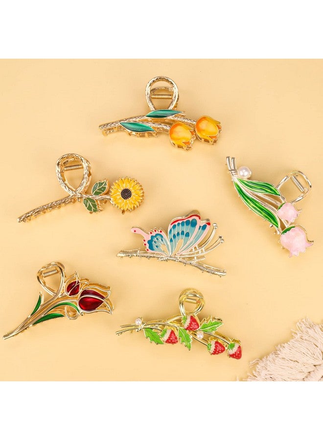 6 Pcs Large Metal Flower Claw Clips Tulip Hair Claw Clips Cute Strawberry Hair Clips Strong Hold Metal Clips Butterfly Hair Jaw Clips For Long Thick Curly Big Fashion Hair Clamps For Woman And Girls