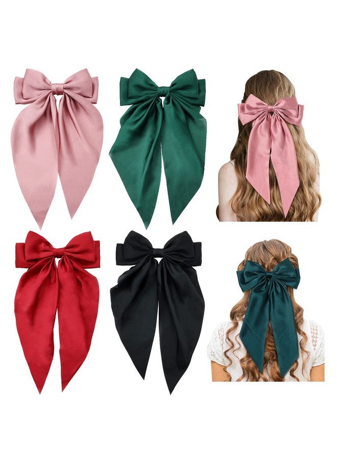 Inaci 4 Pack Satin Silk Large Big Oversized Giant Long Bow French Barrettes Alligator Hair Clips Ponytail Holder Hair Accessories For Women Girls Teens