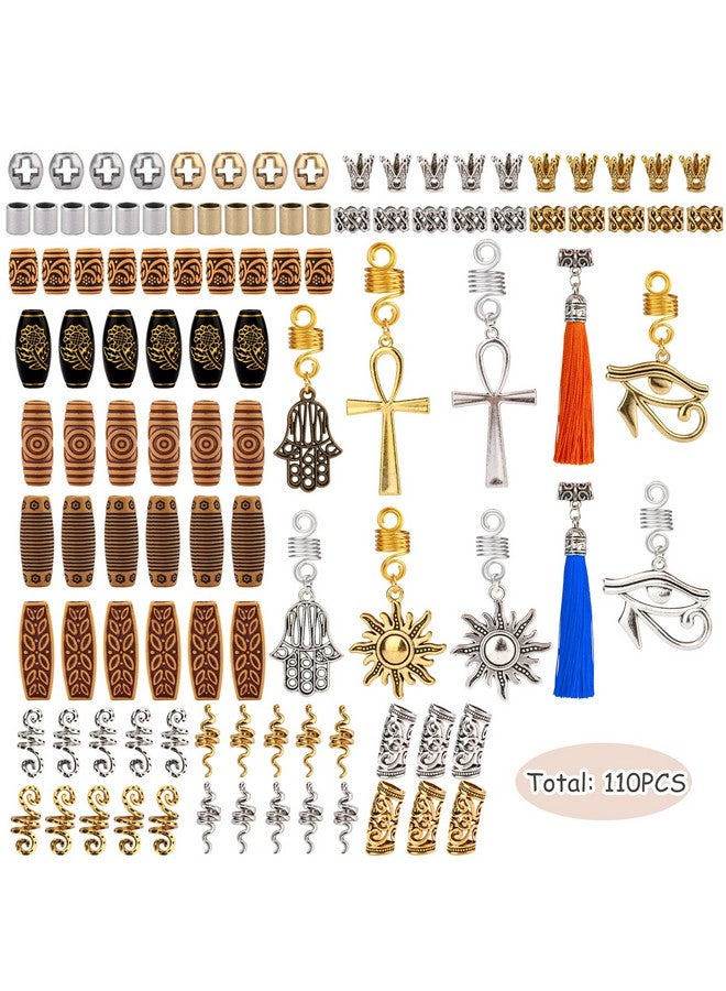 110Pcs Hair Tube Beads Retro Metal Dreadlock Accessories Woodenlike Barrel Beads Braiding Hair Jewelry Handmade Diy Tassel Hair Decoration Snake Loc Braids Coil For Men Women Hiphop Style