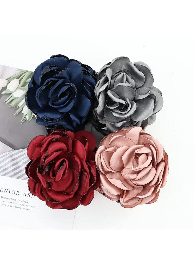 4 Pack Black Plastic Hair Claws With Big Large Rose Flower Floral Bow Clips Barrettes Clamps Hair Bun Chignon Updo Holders Accessories For Women Girls